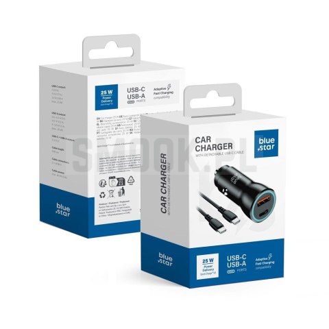 BLUE STAR ładowarka samochodowa 3A 25W Typ C + USB A + kabel Typ C do Typ C PD QC3.0 AFC PPS czarna BLUE STAR ładowarka samochodowa 3A 25W Typ C + USB A + kabel Typ C do Typ C PD QC3.0 AFC PPS czarna