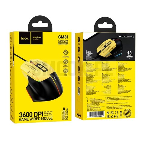 HOCO mysz komputerowa gamingowa przewodowa USB A czarno żółta HOCO mysz komputerowa gamingowa przewodowa USB A czarno żółta