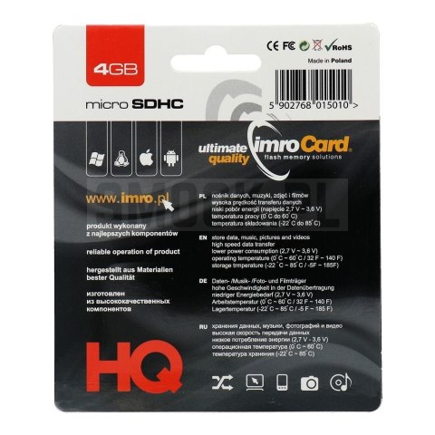 IMRO karta pamięci microSD 4GB 100MB/s class 10 UHS I z adapterem SD IMRO karta pamięci microSD 4GB 100MB/s class 10 UHS I z adapterem SD