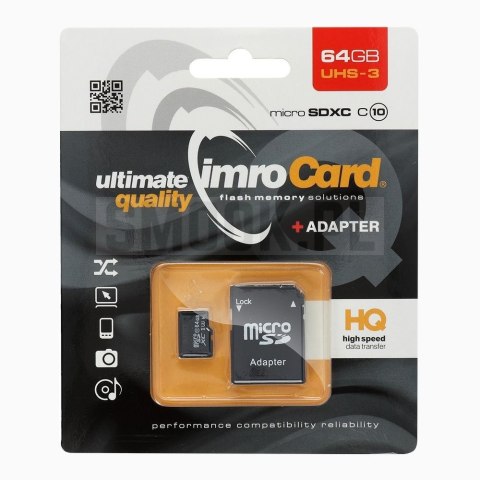 IMRO karta pamięci microSD 64GB 100MB/s class 10 UHS 3 z adapterem SD IMRO karta pamięci microSD 64GB 100MB/s class 10 UHS 3 z adapterem SD