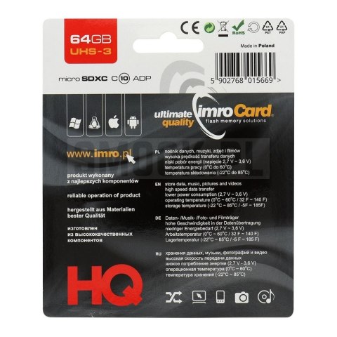 IMRO karta pamięci microSD 64GB 100MB/s class 10 UHS 3 z adapterem SD IMRO karta pamięci microSD 64GB 100MB/s class 10 UHS 3 z adapterem SD