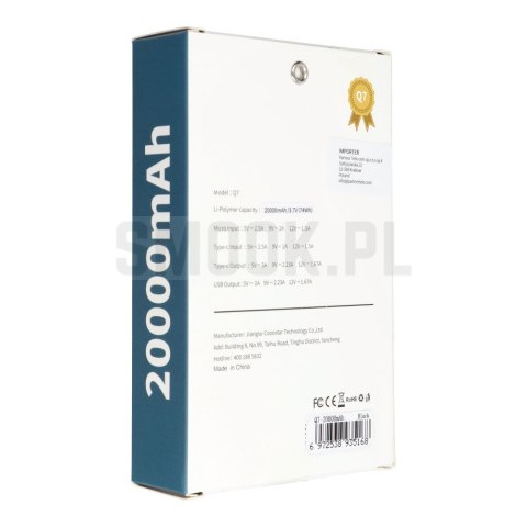 PURIDEA powerbank 20000 mAh PD QC3.0 3A 20W Q7 czarny PURIDEA powerbank 20000 mAh PD QC3.0 3A 20W Q7 czarny