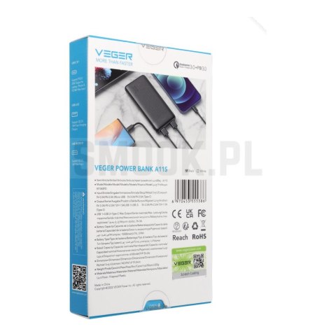VEGER powerbank 10000 mAh PD QC3.0 2A 20W A11S (W1133S) czarny. VEGER powerbank 10000 mAh PD QC3.0 2A 20W A11S (W1133S) czarny.
