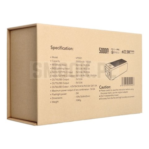 VEGER powerbank 50000 mAh PD QC3.0 5A 22,5W Tank Lite (W5001) czarny VEGER powerbank 50000 mAh PD QC3.0 5A 22,5W Tank Lite (W5001) czarny