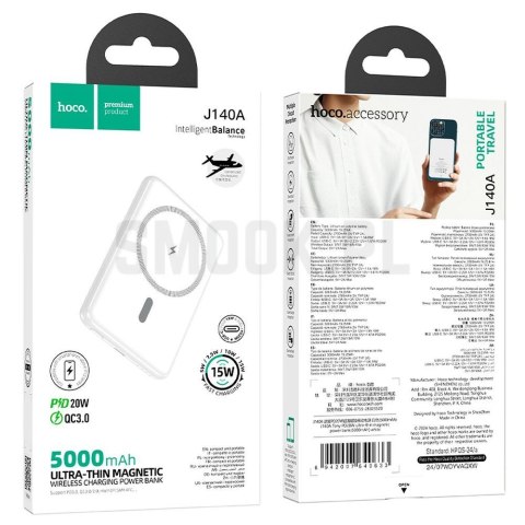 HOCO powerbank 5000 mAh ultra-cienki kompatybilny z MagSafe PD QC 2A 20W J140A biały HOCO powerbank 5000 mAh ultra-cienki kompatybilny z MagSafe PD QC 2A 20W J140A biały