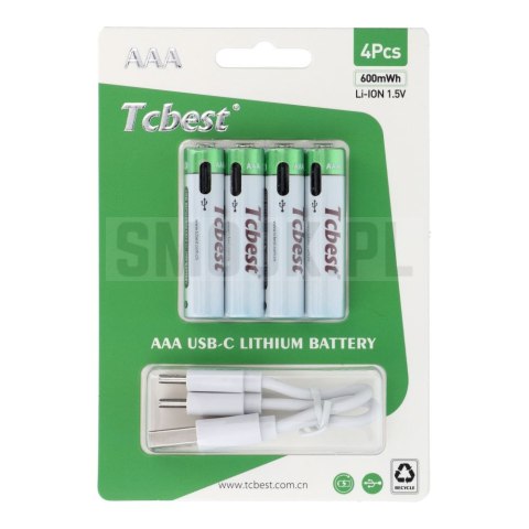 TCBEST bateria akumulatorowa R3 (AAA) 180 mAh z gniazdem Typ C + kabel USB A do 4 x Typ C 4 szt