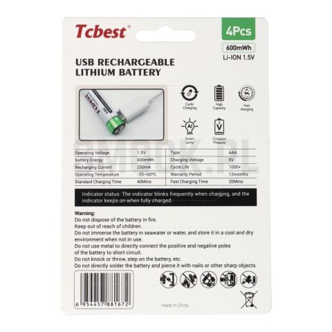 TCBEST bateria akumulatorowa R3 (AAA) 180 mAh z gniazdem Typ C + kabel USB A do 4 x Typ C 4 szt TCBEST bateria akumulatorowa R3 (AAA) 180 mAh z gniazdem Typ C + kabel USB A do 4 x Typ C 4 szt