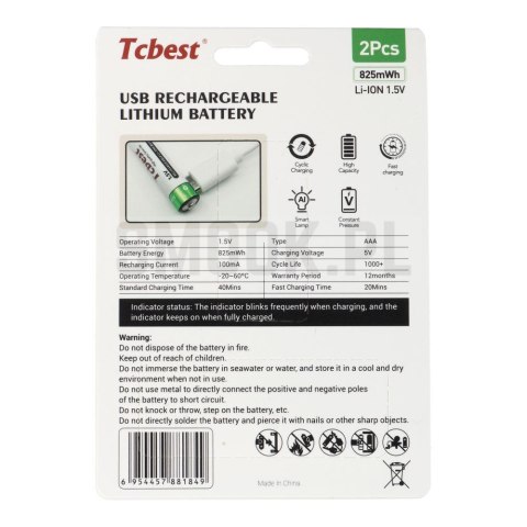 TCBEST bateria akumulatorowa R3 (AAA) 220 mAh z gniazdem Typ C + kabel USB A do 2 x Typ C 2 szt TCBEST bateria akumulatorowa R3 (AAA) 220 mAh z gniazdem Typ C + kabel USB A do 2 x Typ C 2 szt
