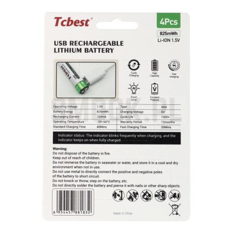 TCBEST bateria akumulatorowa R3 (AAA) 220 mAh z gniazdem Typ C + kabel USB A do 4 x Typ C 4 szt TCBEST bateria akumulatorowa R3 (AAA) 220 mAh z gniazdem Typ C + kabel USB A do 4 x Typ C 4 szt