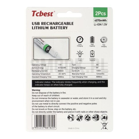 TCBEST bateria akumulatorowa R6 (AA) 1100 mAh z gniazdem Typ C + kabel USB A do 2 x Typ C 2 szt TCBEST bateria akumulatorowa R6 (AA) 1100 mAh z gniazdem Typ C + kabel USB A do 2 x Typ C 2 szt