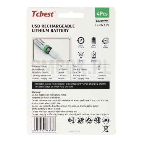 TCBEST bateria akumulatorowa R6 (AA) 1100 mAh z gniazdem Typ C + kabel USB A do 4 x Typ C 4 szt TCBEST bateria akumulatorowa R6 (AA) 1100 mAh z gniazdem Typ C + kabel USB A do 4 x Typ C 4 szt