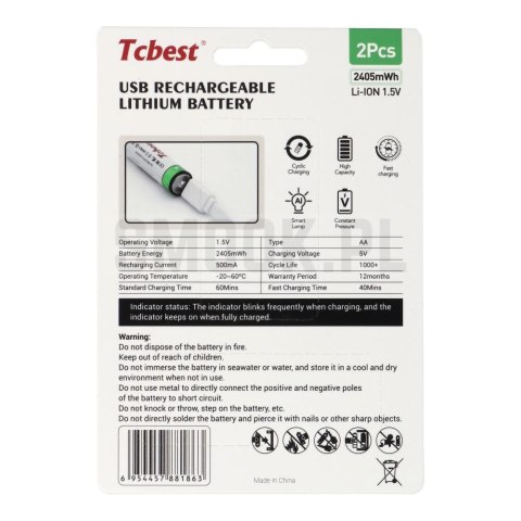 TCBEST bateria akumulatorowa R6 (AA) 650 mAh z gniazdem Typ C + kabel USB A do 2 x Typ C 2 szt TCBEST bateria akumulatorowa R6 (AA) 650 mAh z gniazdem Typ C + kabel USB A do 2 x Typ C 2 szt