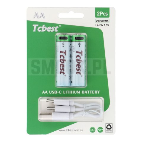 TCBEST bateria akumulatorowa R6 (AA) 750 mAh z gniazdem Typ C + kabel USB A do 2 x Typ C 2 szt TCBEST bateria akumulatorowa R6 (AA) 750 mAh z gniazdem Typ C + kabel USB A do 2 x Typ C 2 szt