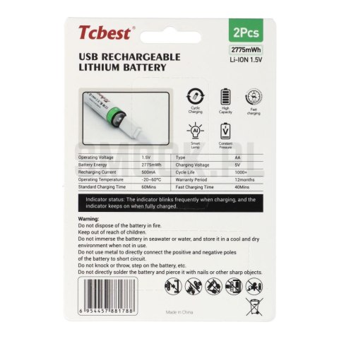 TCBEST bateria akumulatorowa R6 (AA) 750 mAh z gniazdem Typ C + kabel USB A do 2 x Typ C 2 szt TCBEST bateria akumulatorowa R6 (AA) 750 mAh z gniazdem Typ C + kabel USB A do 2 x Typ C 2 szt