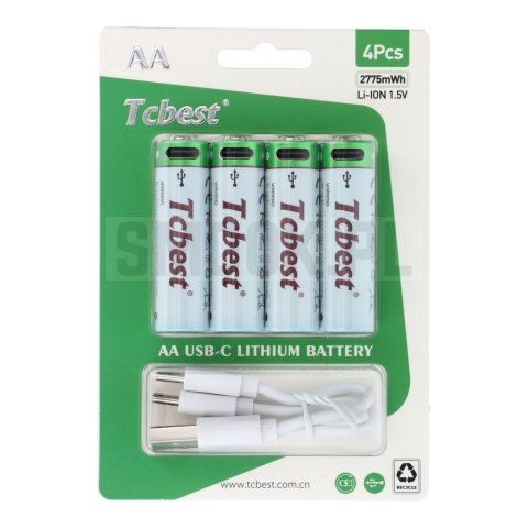 TCBEST bateria akumulatorowa R6 (AA) 750 mAh z gniazdem Typ C + kabel USB A do 4 x Typ C 4 szt