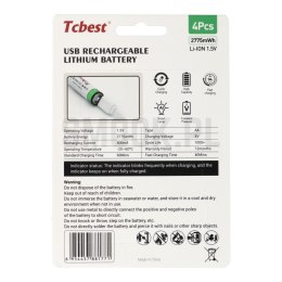 TCBEST bateria akumulatorowa R6 (AA) 750 mAh z gniazdem Typ C + kabel USB A do 4 x Typ C 4 szt