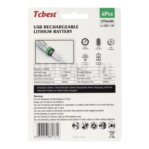TCBEST bateria akumulatorowa R6 (AA) 750 mAh z gniazdem Typ C + kabel USB A do 4 x Typ C 4 szt TCBEST bateria akumulatorowa R6 (AA) 750 mAh z gniazdem Typ C + kabel USB A do 4 x Typ C 4 szt