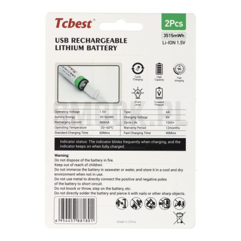 TCBEST bateria akumulatorowa R6 (AA) 950 mAh z gniazdem Typ C + kabel USB A do 2 x Typ C 2 szt TCBEST bateria akumulatorowa R6 (AA) 950 mAh z gniazdem Typ C + kabel USB A do 2 x Typ C 2 szt