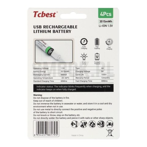 TCBEST bateria akumulatorowa R6 (AA) 950 mAh z gniazdem Typ C + kabel USB A do 4 x Typ C 4 szt TCBEST bateria akumulatorowa R6 (AA) 950 mAh z gniazdem Typ C + kabel USB A do 4 x Typ C 4 szt