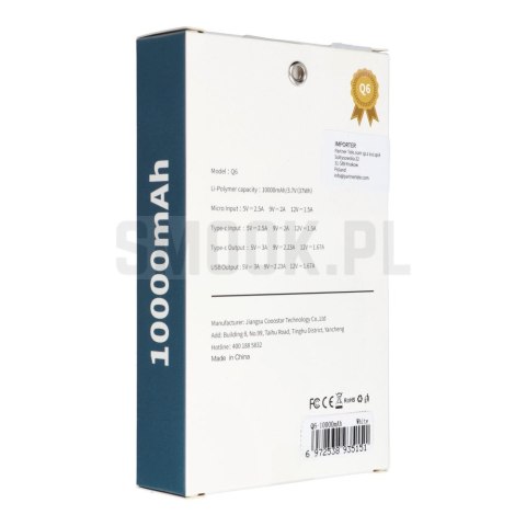 PURIDEA powerbank 10 000 mAh PD QC3.0 3A 20W Q6 biały PURIDEA powerbank 10 000 mAh PD QC3.0 3A 20W Q6 biały