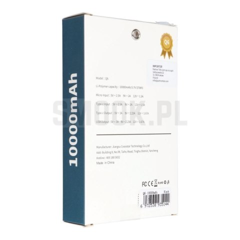 PURIDEA powerbank 10 000 mAh PD QC3.0 3A 20W Q6 czarny PURIDEA powerbank 10 000 mAh PD QC3.0 3A 20W Q6 czarny