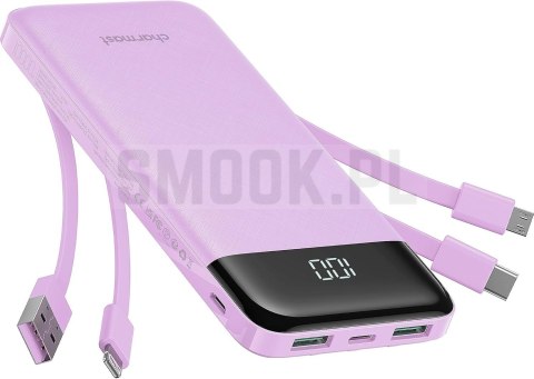 Powerbank 5V 3A 10000 mAh z wbudowanymi kablami USB A / USB C / Lightning / Micro USB Charmast W1148 fioletowy OINT