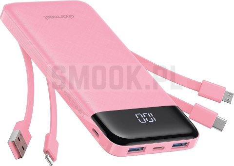 Powerbank 5V 3A 10000 mAh z wbudowanymi kablami USB A / USB C / Lightning / Micro USB Charmast W1148 różowy OINT