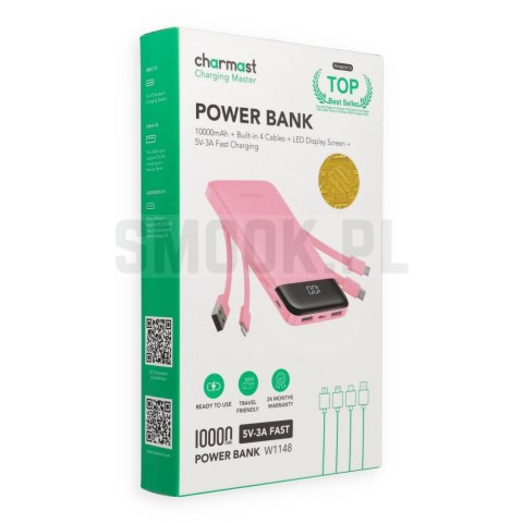 Powerbank 5V 3A 10000 mAh z wbudowanymi kablami USB A / USB C / Lightning / Micro USB Charmast W1148 różowy OINT
