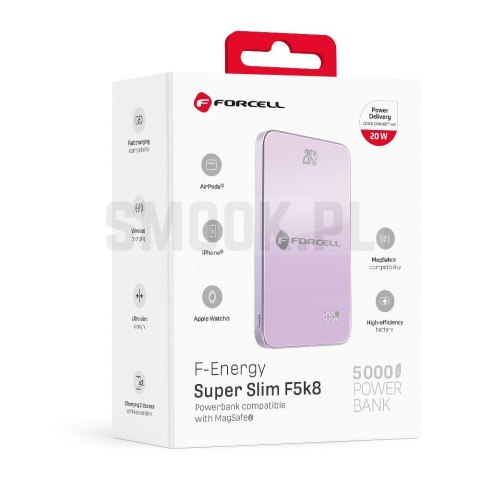 Powerbank zgodny z MagSafe Forcell F-Energy SuperSlim F5K8 QC4.0 PD3.0 15W 5000 mAh fioletowy 0INT