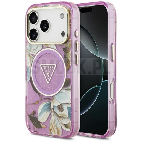 GUESS futerał do IPHONE 17 Pro Max kompatybilny z MagSafe GUHMP17XHFLPEDU (IML Metal Glitter Flowers Triangle) fioletowy