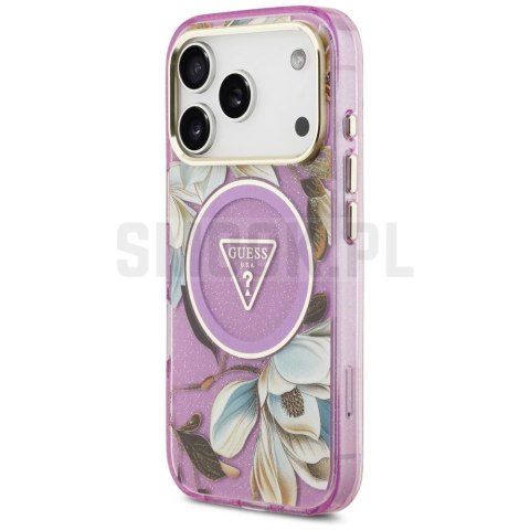 GUESS futerał do IPHONE 17 Pro Max kompatybilny z MagSafe GUHMP17XHFLPEDU (IML Metal Glitter Flowers Triangle) fioletowy