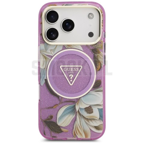 GUESS futerał do IPHONE 17 Pro Max kompatybilny z MagSafe GUHMP17XHFLPEDU (IML Metal Glitter Flowers Triangle) fioletowy