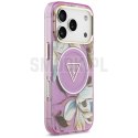 GUESS futerał do IPHONE 17 Pro Max kompatybilny z MagSafe GUHMP17XHFLPEDU (IML Metal Glitter Flowers Triangle) fioletowy