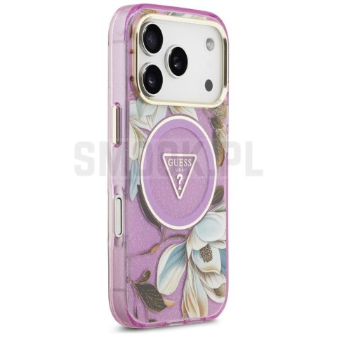 GUESS futerał do IPHONE 17 Pro Max kompatybilny z MagSafe GUHMP17XHFLPEDU (IML Metal Glitter Flowers Triangle) fioletowy