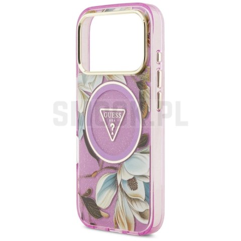 GUESS futerał do IPHONE 17 Pro Max kompatybilny z MagSafe GUHMP17XHFLPEDU (IML Metal Glitter Flowers Triangle) fioletowy