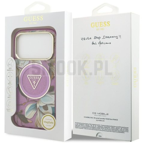 GUESS futerał do IPHONE 17 Pro Max kompatybilny z MagSafe GUHMP17XHFLPEDU (IML Metal Glitter Flowers Triangle) fioletowy