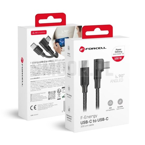 Kabel USB C do USB C Forcell F-Energy QC4.0 PD 5A 100W Cafule 90° 2 m CC-1Deg czarny 0INT