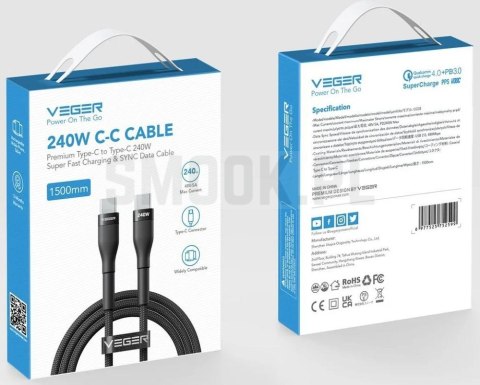 Kabel USB C do USB C VEGER PD 5A 240W 1,5 m CC03 czarny