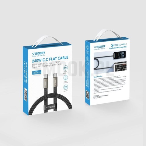 Kabel płaski USB C do USB C VEGER PD 5A 240W 1,5 m CC2-MTB czarny