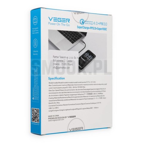 Kabel z wyświetlaczem LED USB C do USB C VEGER PD 5A 100W 1,5 m CC1-XHJ czarny