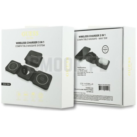 Ładowarka indukcyjna 3w1 zgodna z MagSafe 15W GUESS GUE005439 czarna