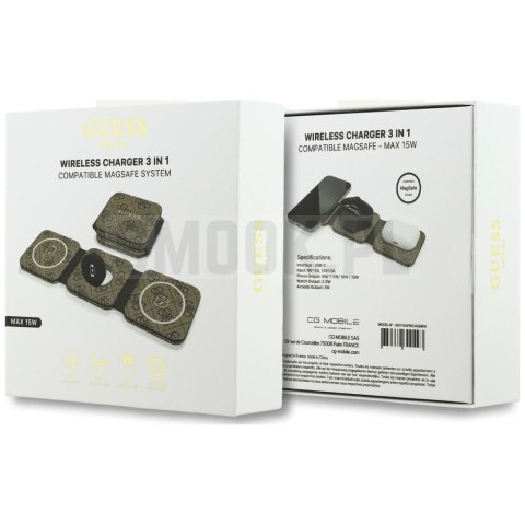 Ładowarka indukcyjna 3w1 zgodna z MagSafe 15W GUESS GUE005440 brązowa