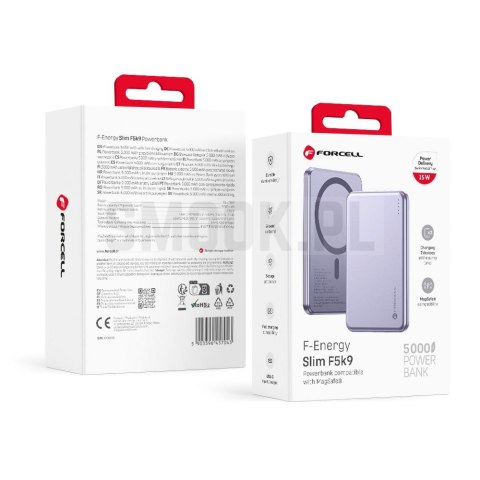 Powerbank zgodny z MagSafe Forcell F-Energy Slim F5K9 QC4.0 PD3.0 15W 5000 mAh fioletowy 0INT