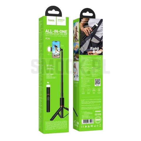 Selfie stick tripod z pilotem bezprzewodowym + światłem LED Hoco K34 czarny