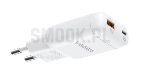 Ładowarka sieciowa do telefonu VEGER USB A + Typ C PD 45W + kabel Typ C do C 100W TR121 biała