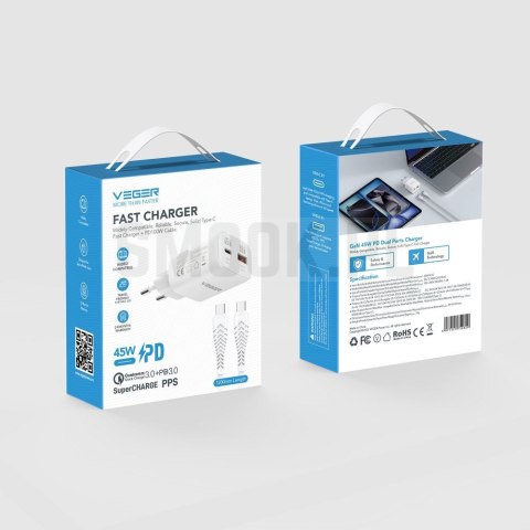 Ładowarka sieciowa do telefonu VEGER USB A + Typ C PD 45W + kabel Typ C do C 100W TR121 biała