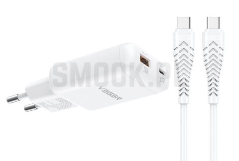 Ładowarka sieciowa do telefonu VEGER USB A + Typ C PD 65W + kabel Typ C do C 100W TR122 biała