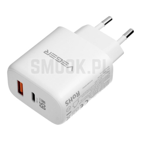 Ładowarka sieciowa do telefonu VEGER USB A + Typ C PD QC3.0 3,25A 65W + kabel USB C do USB C TR67 biała