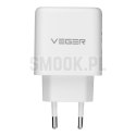 Ładowarka sieciowa do telefonu VEGER USB A + Typ C PD QC3.0 3,25A 65W + kabel USB C do USB C TR67 biała