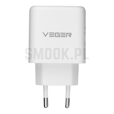 Ładowarka sieciowa do telefonu VEGER USB A + Typ C PD QC3.0 3,25A 65W + kabel USB C do USB C TR67 biała